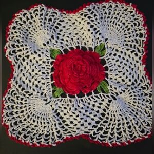 Vintage Crocheted Doilie Rasied Rose Handmade